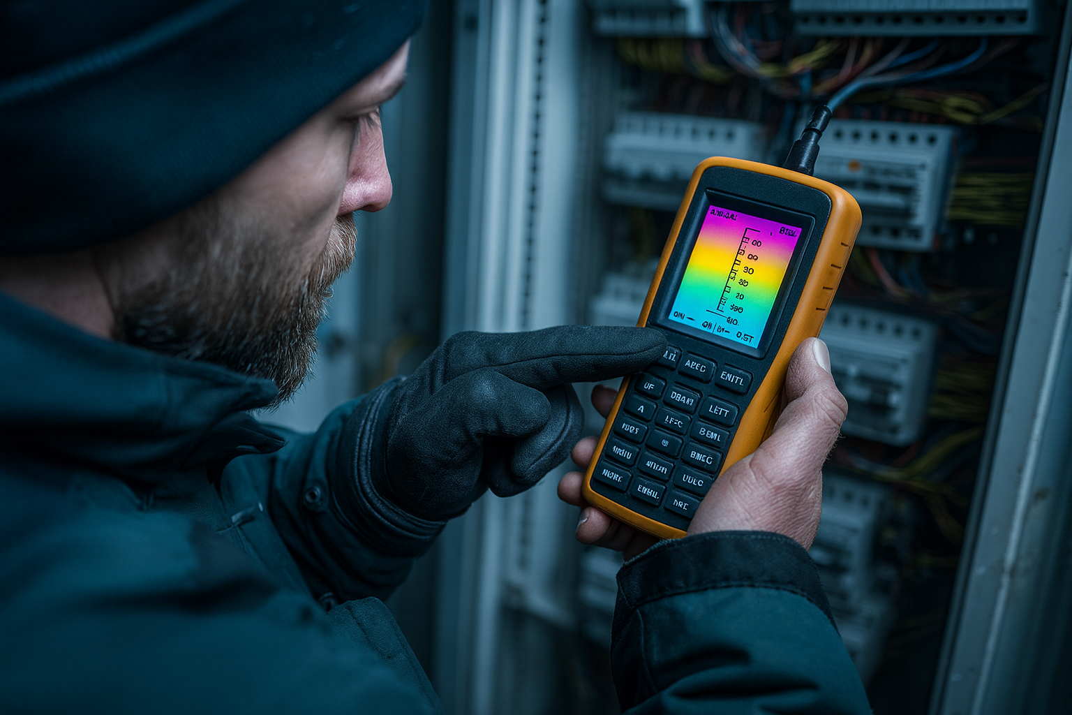 Elektriker udfører termografering med FLIR-kamera.